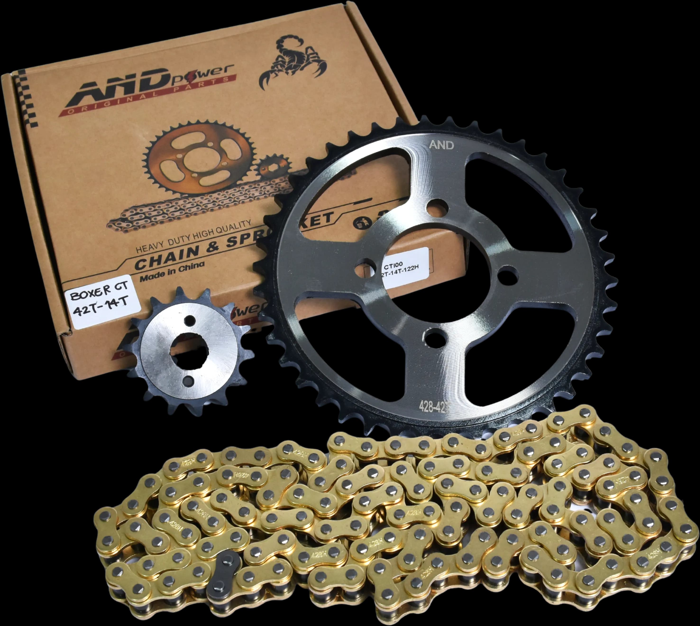 KIT ARRASTRE ACERADO BOXER 100 CT 42T-14T - DORADA - AND POWER